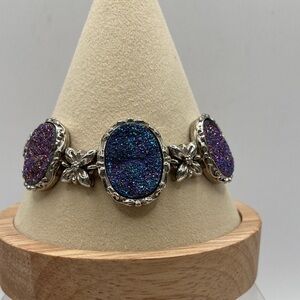Hand Crafted Sterling Silver 925 Genuine Oval Blue Druzy Toggle Bracelet 7.5”L